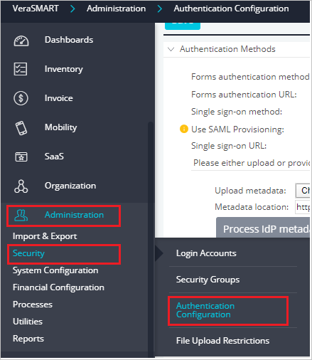Screenshot shows VeraSMART with Administration, then Security, then Authentication Configuration selected.