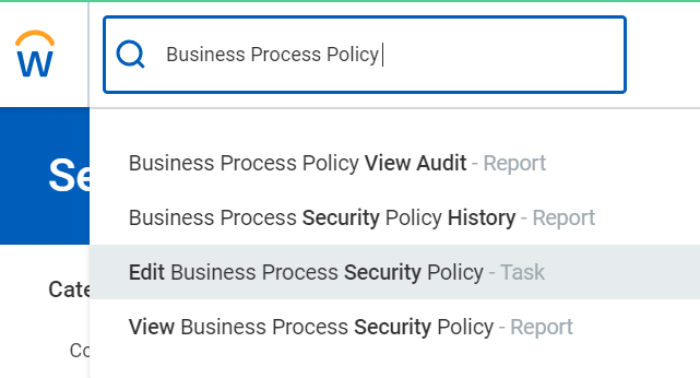 検索ボックスに「Business Process Policy」と入力され、[Edit Business Process Security Policy - Task]\(ビジネス プロセス セキュリティ ポリシーの編集 - タスク\) が選択されていることを示すスクリーンショット。