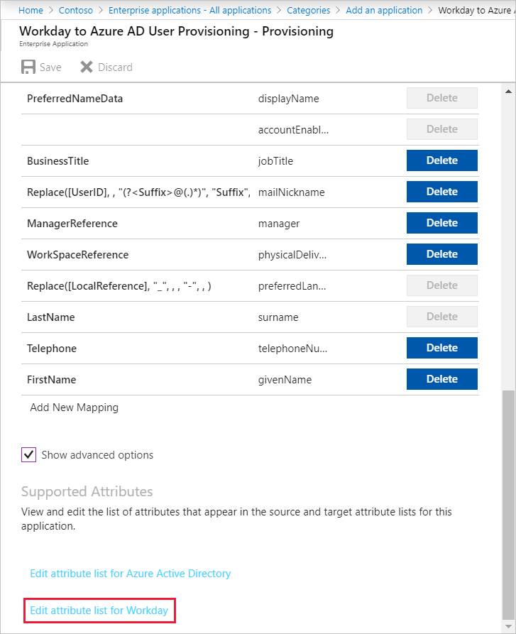 [Edit attribute list for Workday] (Workday の属性リストの編集) アクションが強調表示されている [Workday to Microsoft Entra user Provisioning - Provisioning] (Workday から Microsoft Entra へのユーザー プロビジョニング - プロビジョニング) ページを示すスクリーンショット。
