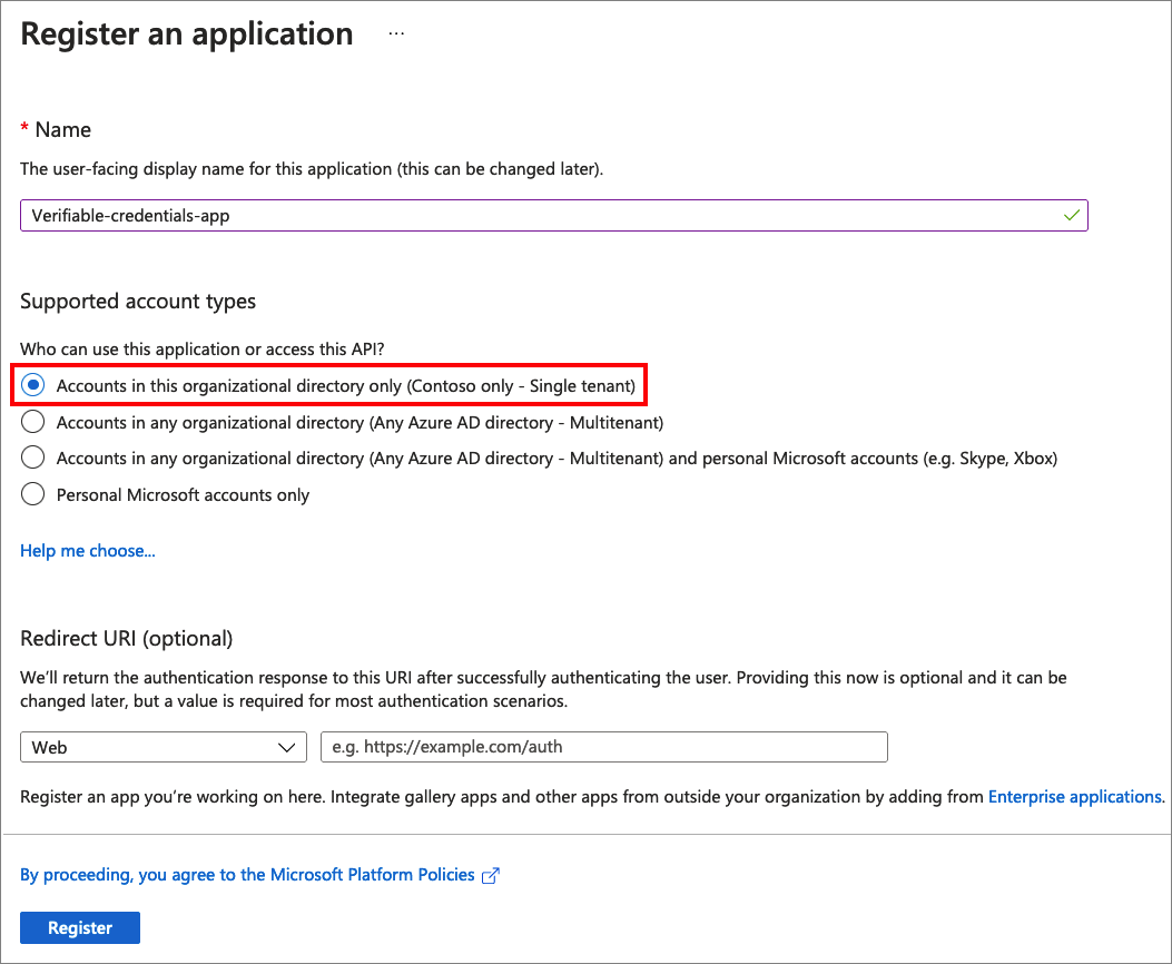 Screenshot that shows how to register the verifiable credentials app.