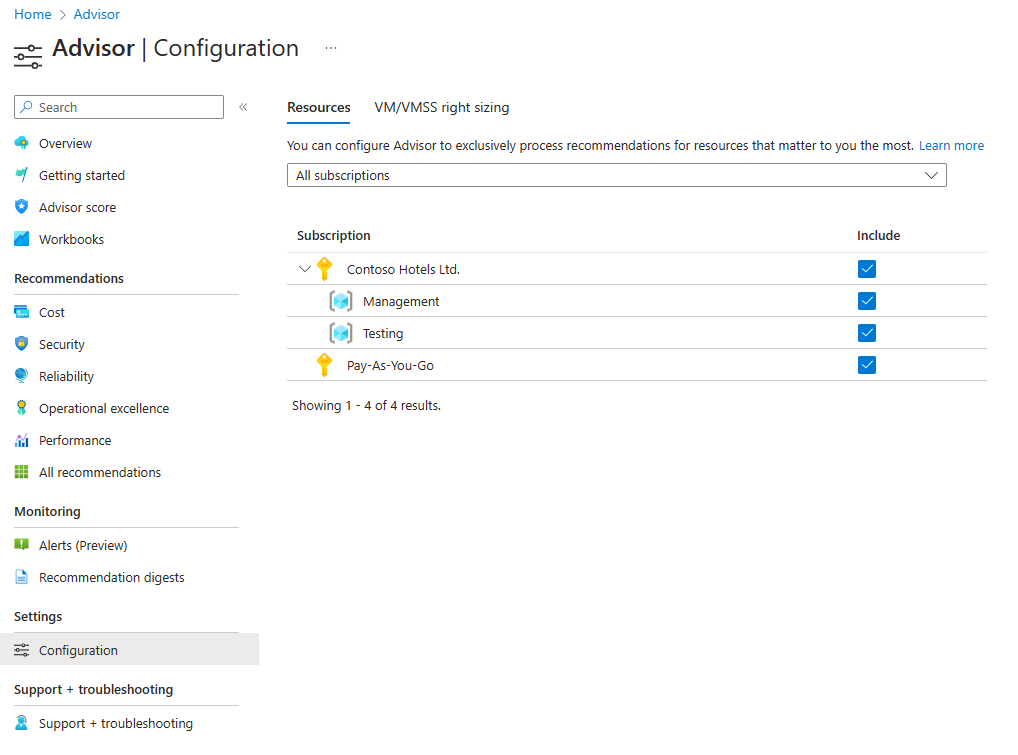 Screenshot of Azure Advisor showing configuration pane.