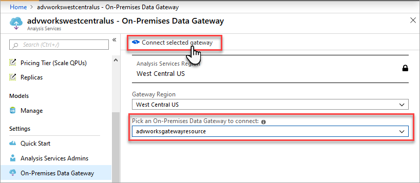 Screenshot showing Connect server to gateway resource
