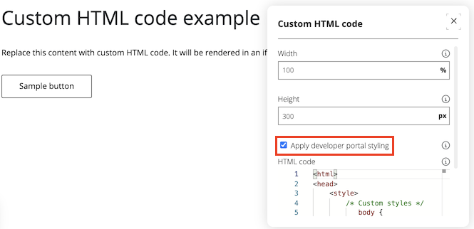 開発者ポータルでカスタム HTML コードを構成する方法を示すスクリーンショット。