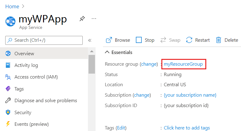 Resource group in App Service overview page