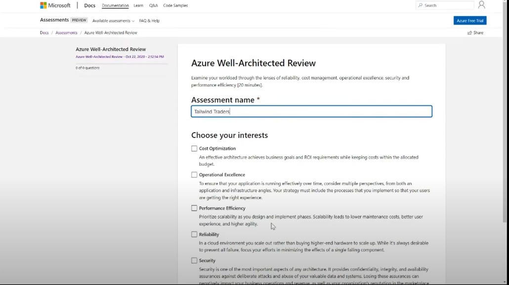 Screenshot of the Microsoft Azure Well-Architected Review.