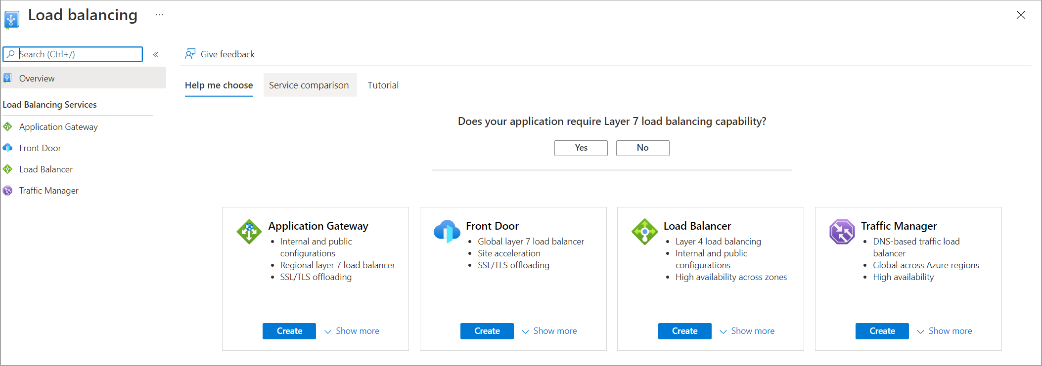 Choose an Azure load balancing solution - Azure portal screenshot