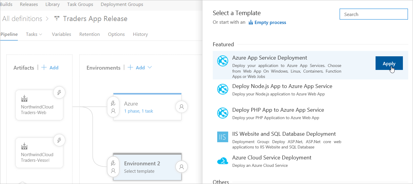 Azure DevOps Services で [Azure App Service の配置] に環境を追加する