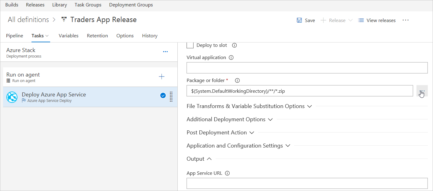 Azure DevOps Services で [Azure App Service の配置] のフォルダーを選択する