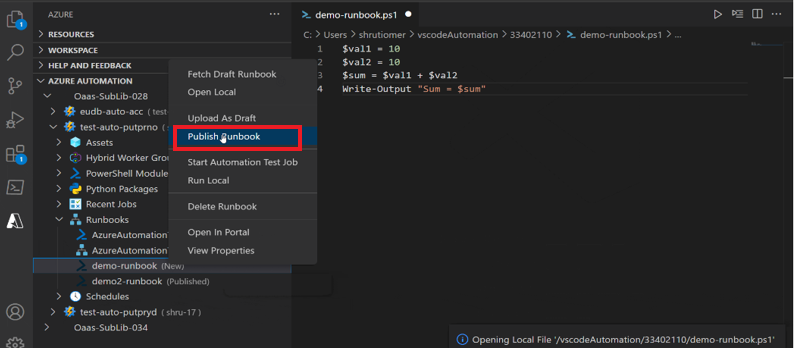 Screenshot on how to publish runbook using the Azure Automation extension.