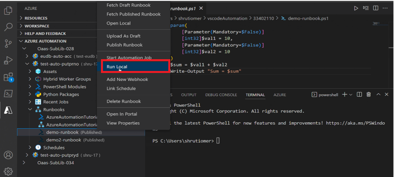 Screenshot on how to run local version of job using the Azure Automation extension.