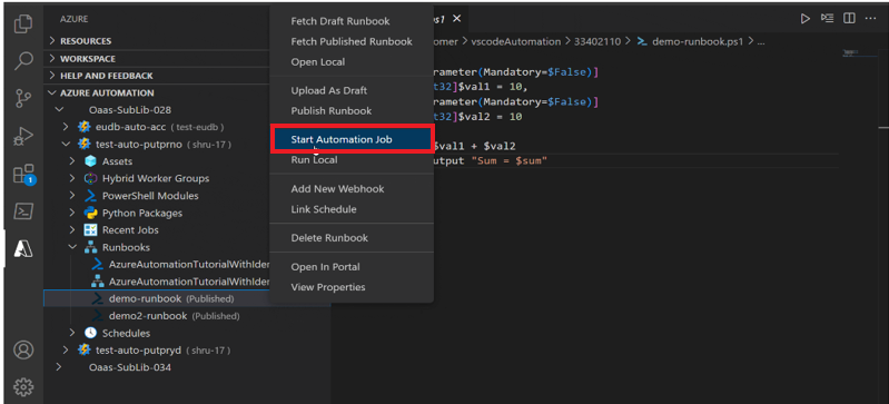 Screenshot on how to run Automation job using the Azure Automation extension.