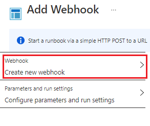 Add webhook page with create highlighted.
