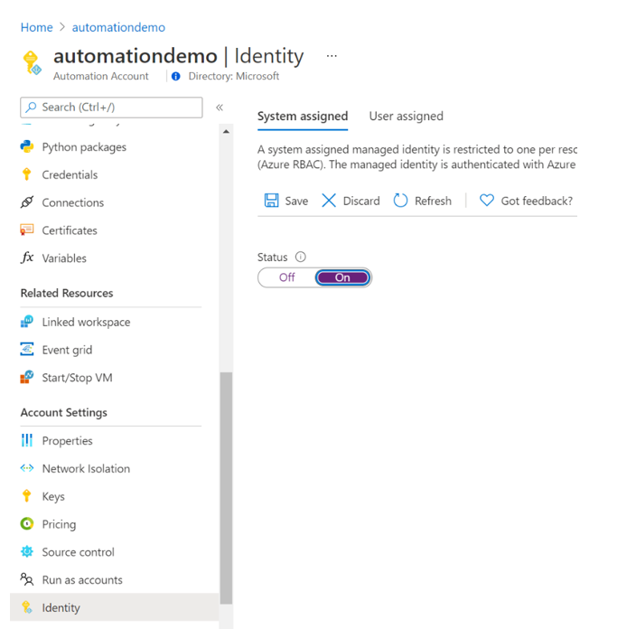 Enabling system-assigned identity in Azure portal.