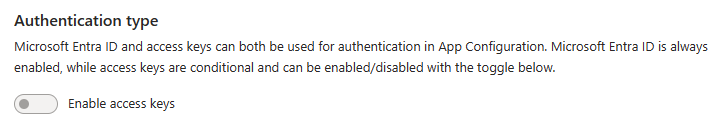 Azure App Configuration のアクセス キー認証を無効にする方法を示すスクリーンショット