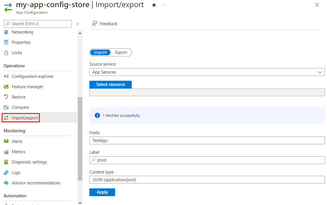 Screenshot of the Azure portal, importing from App Service.