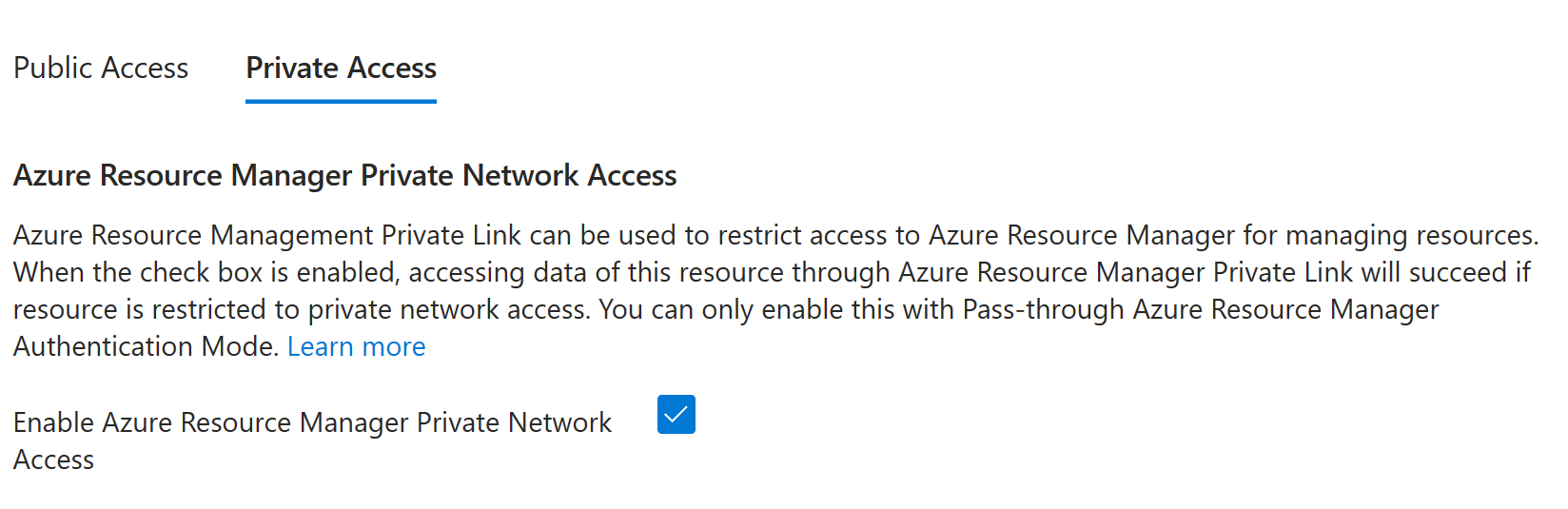 [Azure Resource Manager のプライベート アクセスを有効にする] がオンになっていることを示すスクリーンショット。