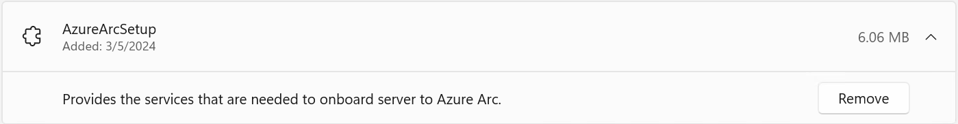 [削除] ボタンが表示された Azure Arc セットアップ機能を示す [オプション機能］ メニューのスクリーンショット。