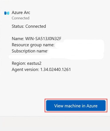Azure でマシンを表示するボタンが強調表示されているマシン接続の状態ウィンドウのスクリーンショット。