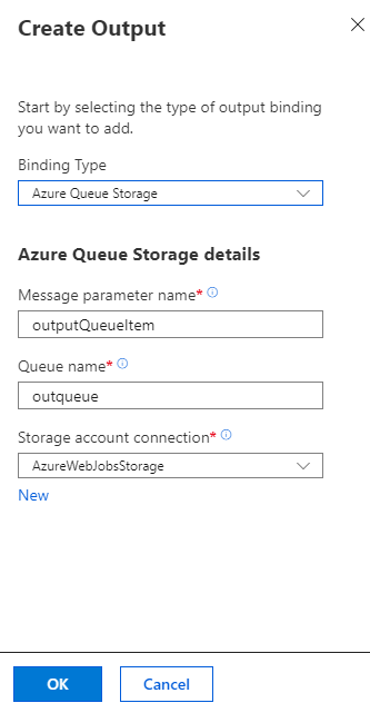 Add a Queue storage output binding to a function in the Azure portal.