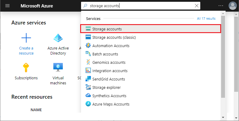 Select Storage accounts from Azure portal