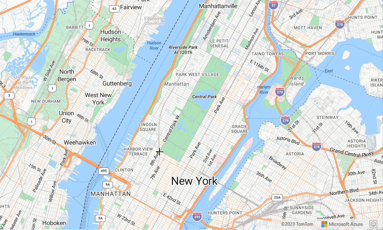 ニューヨーク市のセントラル パークを示すマップのスクリーンショット。描画マネージャーが線を描画しています。