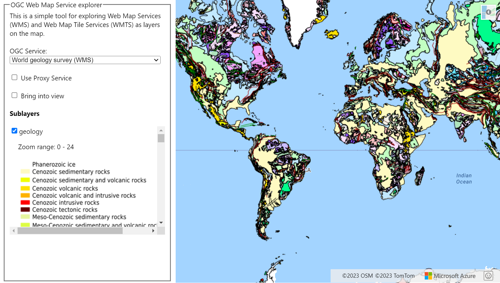 world geology survey の WMTS レイヤーを含むマップを示すスクリーンショット。マップの左には、選択できる OGC サービスを示すドロップダウン リストがある。