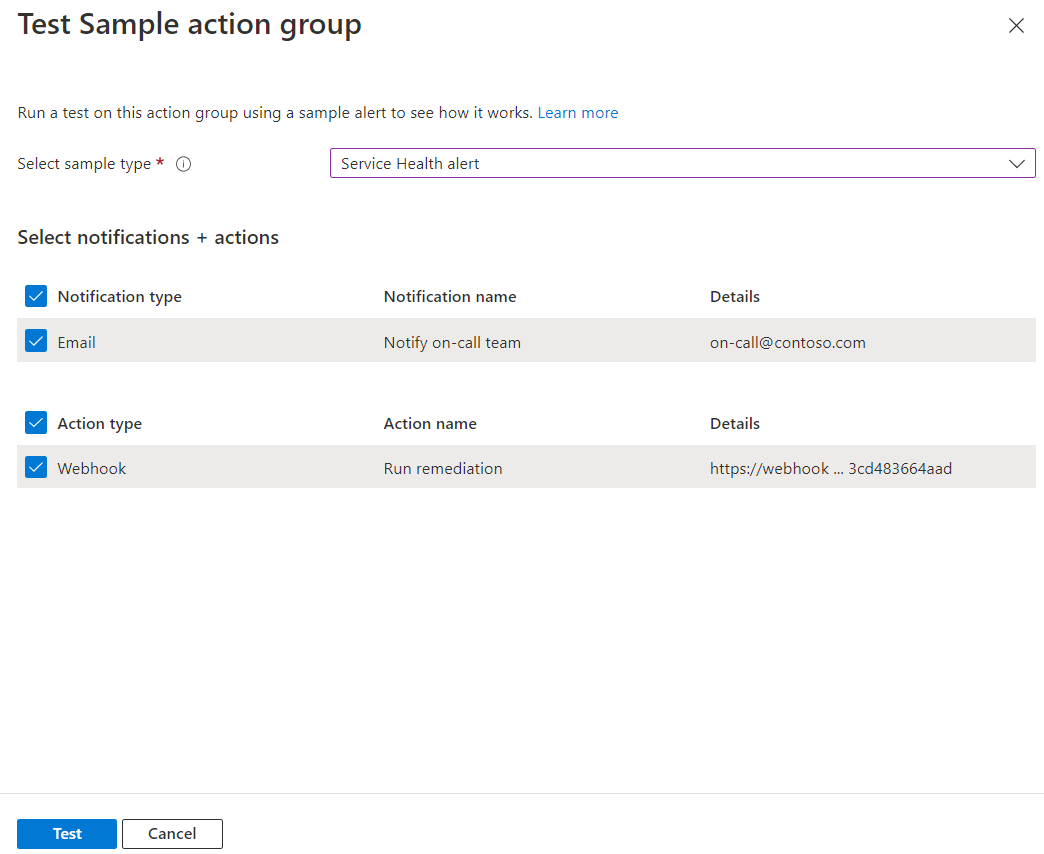 Screenshot of the Test sample action group page. An email notification type and a webhook action type are visible.