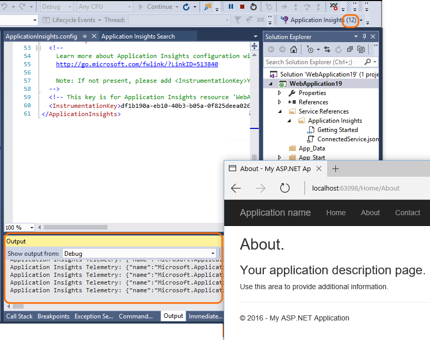 Visual Studio でデバッグ モードで実行されているアプリケーションを示すスクリーンショット。