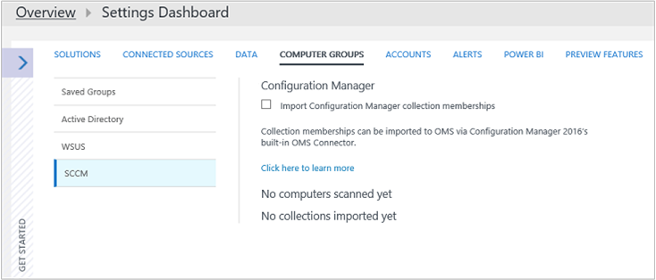 Screenshot of the Computer Groups advanced settings for S C C M containing the option for Import Configuration Manager collection memberships.