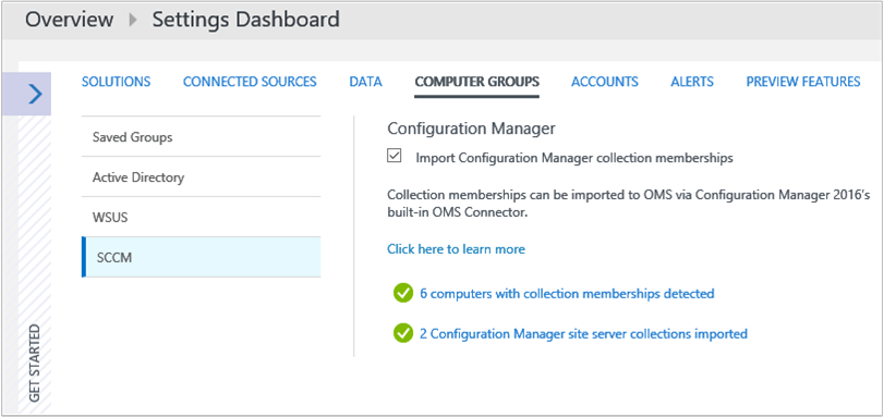 Screenshot of the Computer Groups advanced settings for S C C M showing the option for Import Configuration Manager collection memberships selected.