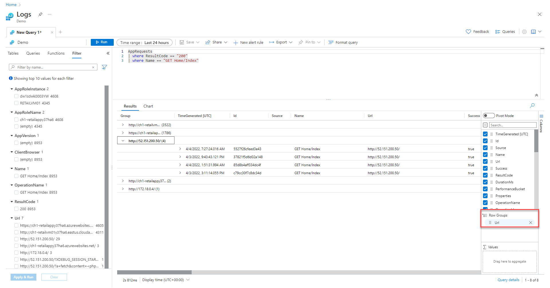 Screenshot that shows query results grouped by URL.