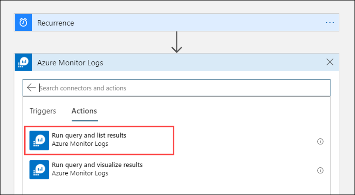 Screenshot of a new action being added to a step in the Logic App Designer. Azure Monitor Logs is highlighted under Choose an action.