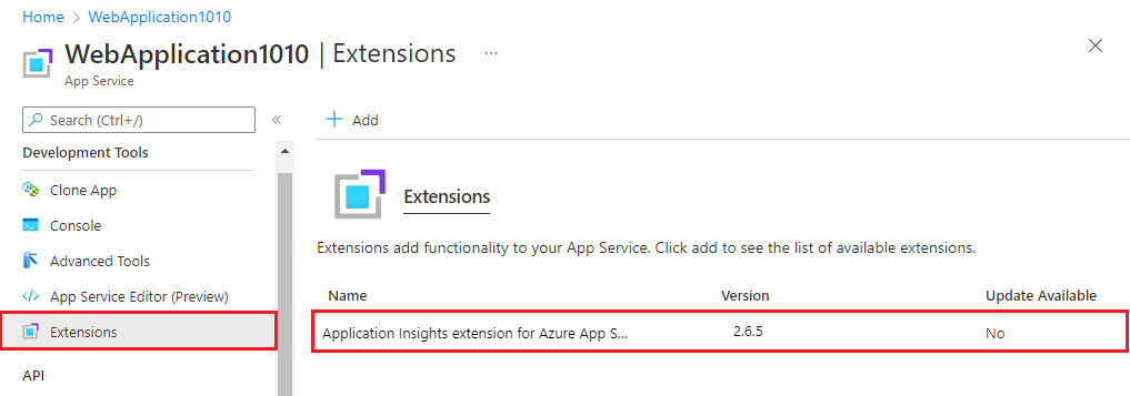 インストールされている Azure App Service の Application Insights 拡張機能を表示している App Service 拡張機能を示すスクリーンショット。