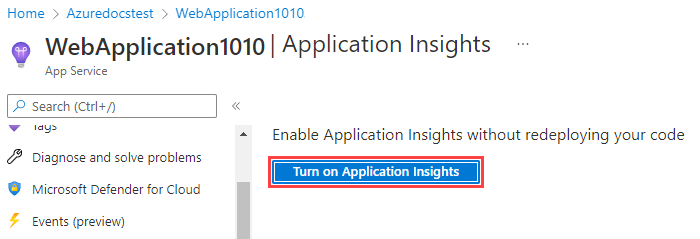 [Application Insights を有効にする] ボタンを示すスクリーンショット。