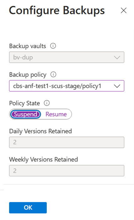 Screenshot that shows the Configure Backups window with the Suspend Policy State.