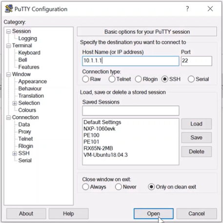 [PuTTY Configuration]\(PuTTY の構成\) ウィンドウのスクリーンショット。