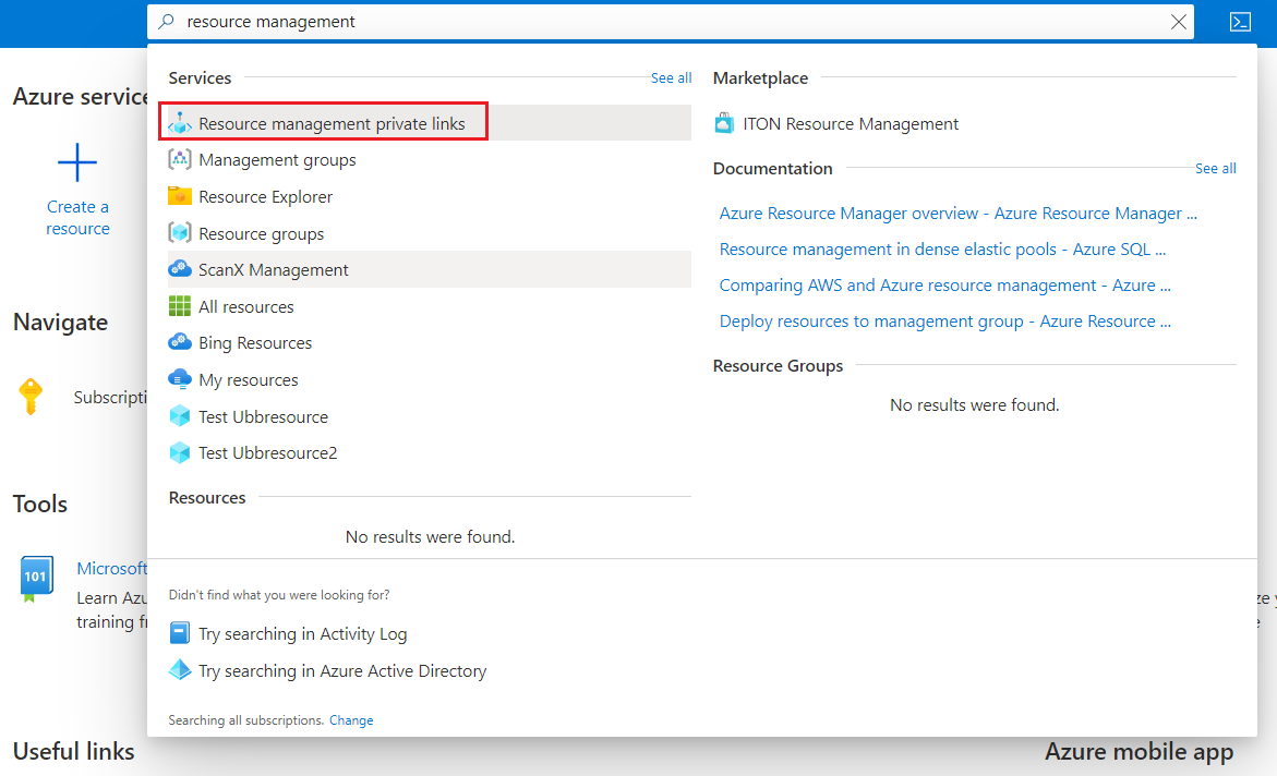 「リソース管理」が入力されている Azure portal 検索バーのスクリーンショット。