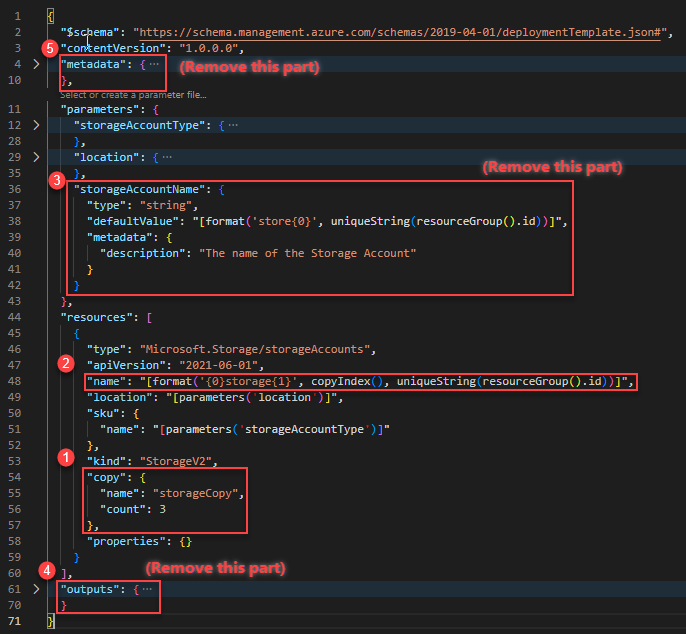 複数のインスタンスを作成する Azure Resource Manager を使用した Visual Studio Code のスクリーンショット。