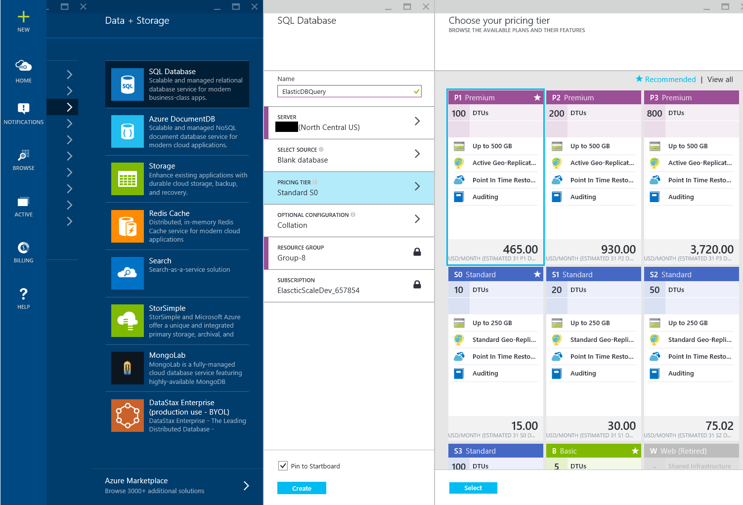 Azure portal and pricing tier
