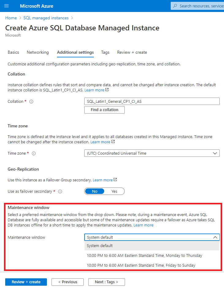 Create managed instance additional settings tab