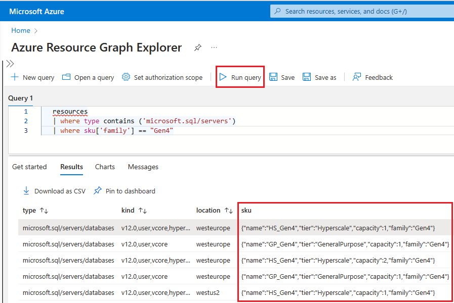 Azure portal の Azure Resources Graph エクスプローラーのスクリーンショット。gen4 ハードウェアを特定するクエリ結果が示されています。