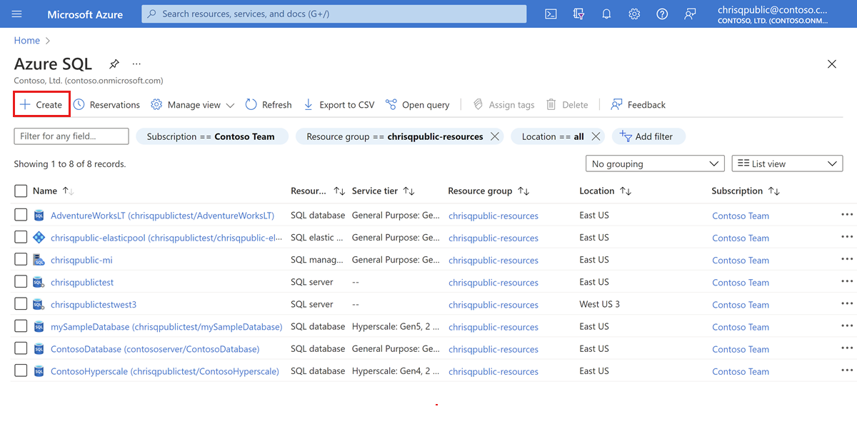 Screenshot of the Azure SQL portal page.