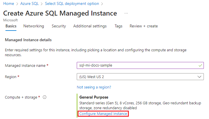 [マネージド インスタンスの構成] が選択されている [Azure SQL Managed Instance の作成] ページのスクリーンショット。