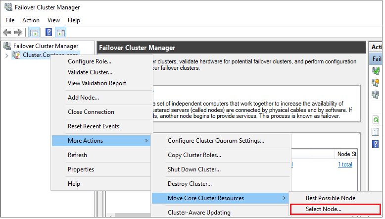 Test cluster failover by moving the core resource to the other nodes