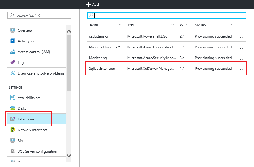 Azure portal での SQL Server IaaS Agent 拡張機能の状態を示すスクリーンショット。