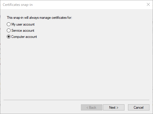 Microsoft 管理コンソールで証明書スナップインを追加するためのアカウントを選択する