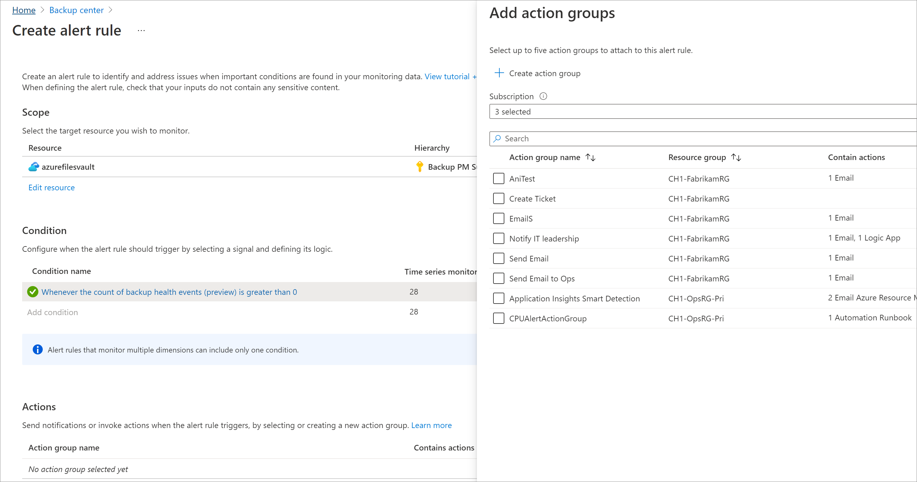 Screenshot showing the process to configure notifications for these alerts using Action Groups.