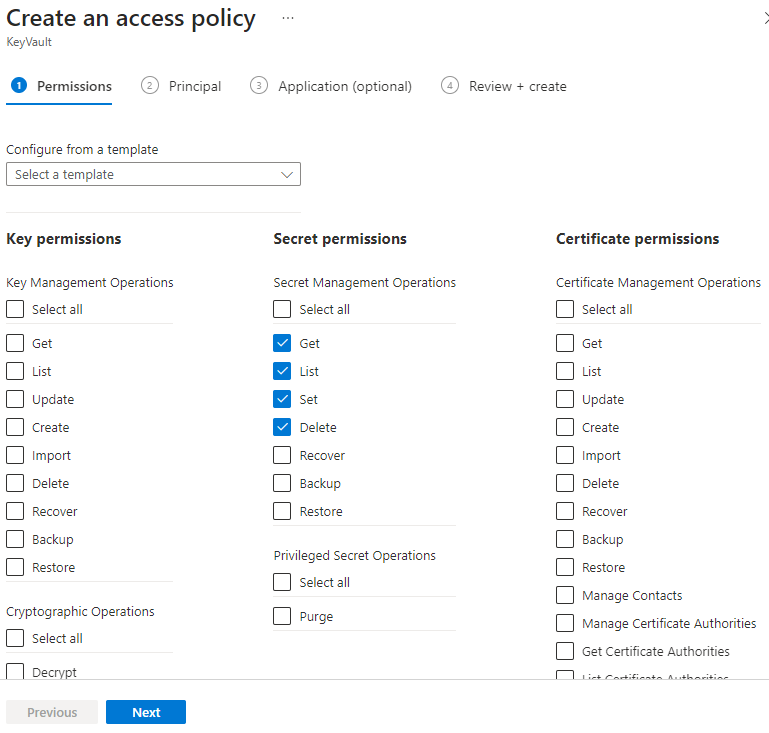 Screenshot of the Secret permissions selections for Azure Batch
