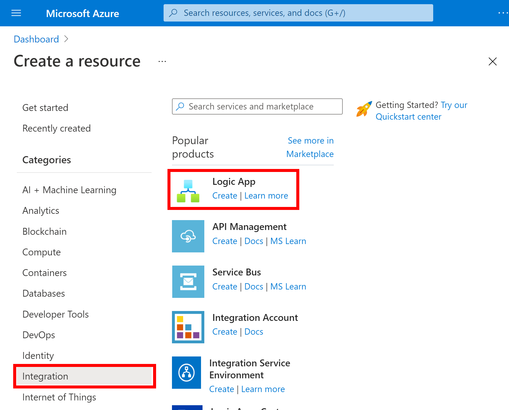 Screenshot that shows the Azure Marketplace menu with Integration and Logic App selected.