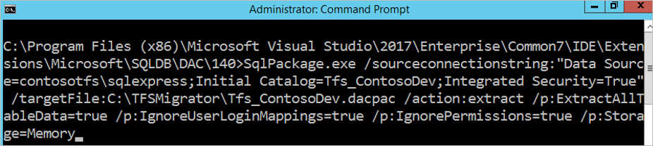 Screenshot of the command prompt, displaying the command for generating the DACPAC.